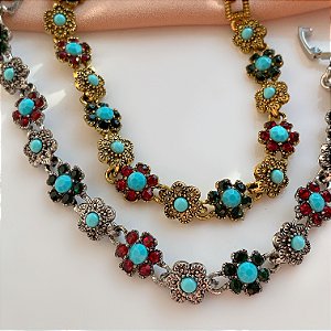 PULSEIRA FLORZINHAS DESENHADAS PEDRAS BOHO BIJU