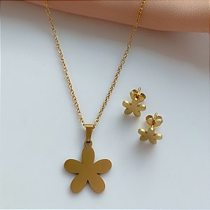 COLAR E BRINCO KIT FLOR LISA DOURADO AÇO 316L⭐️