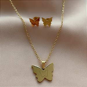 COLAR E BRINCO KIT BORBOLETA LISA DOURADO AÇO 316L⭐️