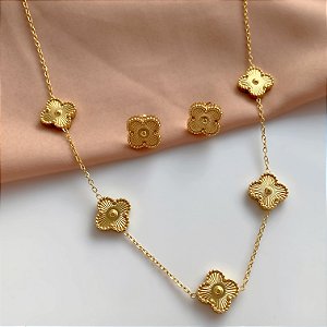 COLAR E BRINCO KIT TREVOS TEXTURIZADOS DOURADO AÇO 316L⭐️