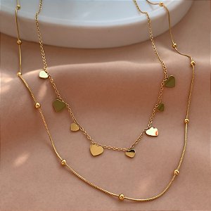 COLAR DUPLA BOLINHAS E CORAÇÕES LISOS DOURADO AÇO 316L⭐️