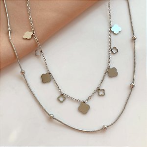 COLAR DUPLA BOLINHAS E TREVOS LISOS AÇO 316L⭐️