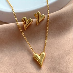 COLAR E BRINCO KIT CORAÇÃO CLÁSSICO LISO DOURADO AÇO 316L⭐️