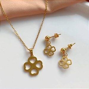 COLAR E BRINCO KIT TREVO VAZADO DOURADO AÇO 316L⭐️