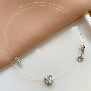 COLAR FIO DE NYLON CORAÇÃO ZIRCÔNIA FOLHEADO A PRATA⭐️