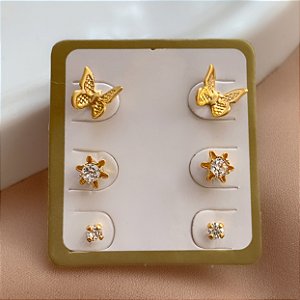 BRINCO KIT BORBOLETA E PONTOS DE LUZ HIPOALERGÊNICO FOLHEADO A OURO 18K⭐️