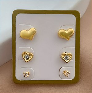 BRINCO KIT CORAÇÕES E PONTO DE LUZ HIPOALERGÊNICO FOLHEADO A OURO 18K⭐️
