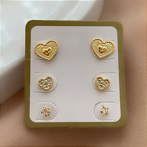 BRINCO KIT CORAÇÃO DESENHADO E PONTO DE LUZ HIPOALERGÊNICO FOLHEADO A OURO 18K⭐️