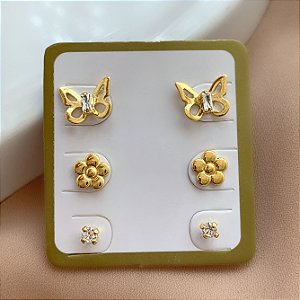 BRINCO KIT BORBOLETA, FLOR E MINI PONTO DE LUZ HIPOALERGÊNICO FOLHEADO A OURO 18K⭐️