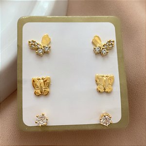 BRINCO KIT BORBOLETAS E MINI PONTO DE LUZ HIPOALERGÊNICO FOLHEADO A OURO 18K⭐️