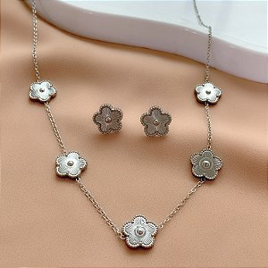 COLAR E BRINCO KIT FLORES TEXTURIZADOS AÇO 316L⭐️