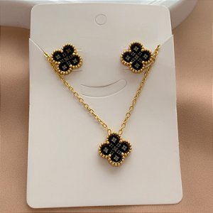 COLAR E BRINCO KIT TREVO RESINADO DESENHADO DOURADO AÇO 316L⭐️