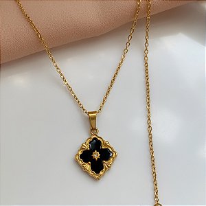 COLAR PINGENTE FLOR TREVO DESENHADO RESINADO DOURADO AÇO 316L⭐️