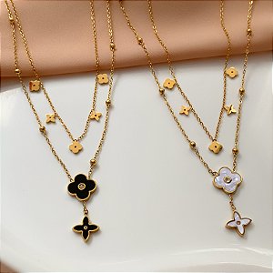 COLAR CORRENTE DUPLA TREVOS RESINADOS BOTÃO ZIRCÔNIA DOURADO AÇO 316L⭐️