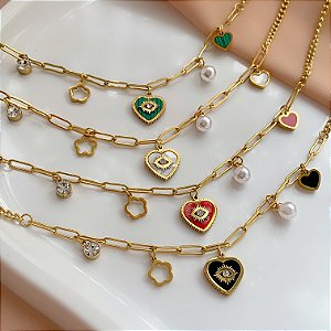 COLAR CORRENTE PINGENTES DIVERSOS CORAÇÃO RESINADO OLHO DOURADO AÇO 316L⭐️