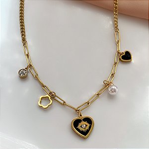 COLAR CORRENTE PINGENTES DIVERSOS CORAÇÃO RESINADO OLHO DOURADO AÇO 316L⭐️