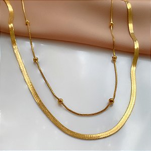 COLAR CORRENTE DUPLA FITA FINA E BOLINHAS DOURADO AÇO 316L⭐️