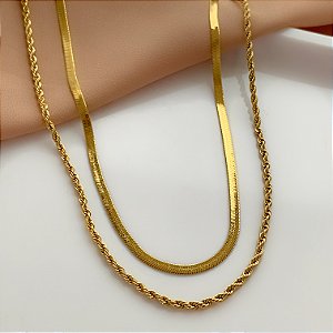 COLAR CORRENTE DUPLA FITA FINA CORDÃO BAIANO DOURADO AÇO 316L⭐️