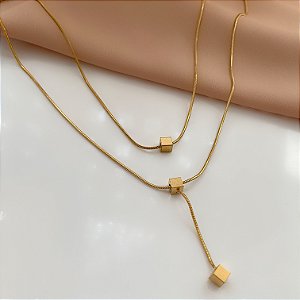 COLAR CORRENTE DUPLA GRAVATINHA PINGENTES QUADRADINHOS DOURADO AÇO 316L⭐️