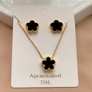 COLAR E BRINCO KIT FLOR RESINADA DOURADO AÇO 316L⭐️