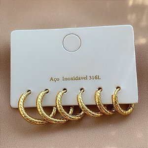 BRINCO KIT ARGOLINHAS DESENHO CORDA DOURADO AÇO 316L⭐️