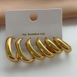 BRINCO KIT ARGOLINHAS OVAIS GROSSAS CÁSSICAS DOURADO AÇO 316L⭐️