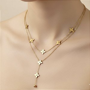 COLAR GRAVATINHA CORRENTE DUPLA TREVOS LISOS DOURADO AÇO 316L⭐️