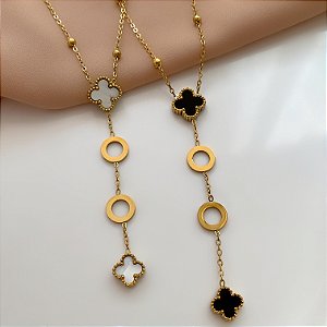 COLAR GRAVATINHA CÍRCULOS E TREVOS RESINADOS DOURADO AÇO 316L⭐️