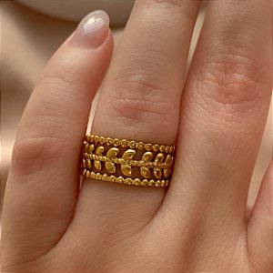 ANEL REGULÁVEL RAMINHOS BORDA BOLINHAS DOURADO AÇO 316L PREMIUM⭐️