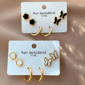 BRINCO KIT ARGOLA, FLOR E BORBOLETA RESINADA DOURADO AÇO 316L⭐️