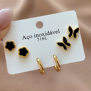 BRINCO KIT ARGOLA, FLOR E BORBOLETA RESINADA DOURADO AÇO 316L⭐️