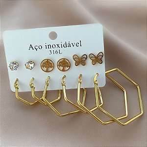 BRINCO KIT ARGOLAS HEXÁGONOS ESPERANÇA DOURADO AÇO 316L⭐️