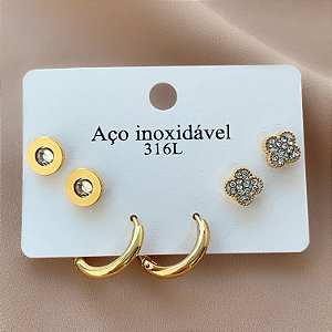 BRINCO KIT ARGOLINHA, TREVO ZIRCÔNIAS E PONTO DE LUZ DOURADO AÇO 316L⭐️