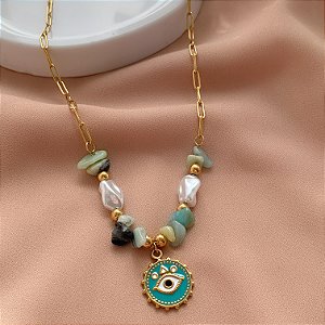 COLAR CORRENTE PEDRAS PINGENTE OLHO ESMALTADO DOURADO AÇO 316L PREMIUM⭐️