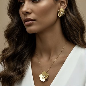 COLAR E BRINCO KIT FLOR BOTÃO PÉROLA DOURADO AÇO 316L PREMIUM⭐️
