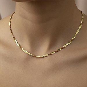 COLAR CORRENTE FITA FINA ENTRELAÇADA DOURADA AÇO 316L⭐️