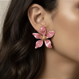 BRINCO FLOR DE HIBISCO ESMALTADA G1 DOURADO BIJU
