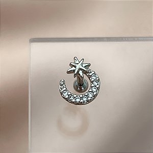 PIERCING CARTILAGEM/TRÁGUS LUA ZIRCÔNIAS E ESTRELA 6MM HASTE AÇO 316L FOLHEADO A RÓDIO SEMIJOIA PARA ATUALIZAÇÃO⭐️