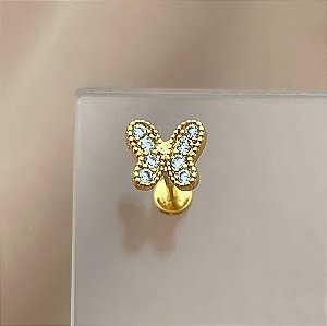 PIERCING TRÁGUS / CARTILAGEM BORBOLETA ZIRCÔNIAS 7MM HASTE AÇO 316L FOLHEADO A OURO 18K SEMIJOIA PARA ATUALIZAÇÃO⭐️