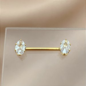 PIERCING MAMILO / ÍNTIMO RETO ZIRCÔNIAS OVAIS 14MM AÇO 316L FOLHEADO A OURO 18K PARA ATUALIZAÇÃO⭐️
