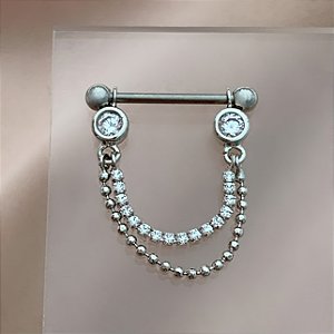 PIERCING MAMILO / ÍNTIMO CORRENTE BOLINHAS E ZIRCÔNIAS 14MM AÇO 316L FOLHEADO A RÓDIO PARA ATUALIZAÇÃO⭐️