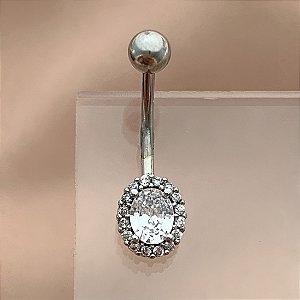 PIERCING UMBIGO ZIRCÔNIA OVAL BORDA CRAVEJADA 10MM AÇO 316L FOLHEADO A RÓDIO SEMIJOIA PARA ATUALIZAÇÃO⭐️