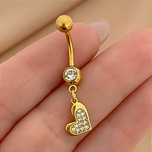 PIERCING UMBIGO CORAÇÃO ZIRCÔNIAS BORDA LISA 10MM AÇO 316L FOLHEADO A OURO 18K SEMIJOIA PARA ATUALIZAÇÃO⭐️