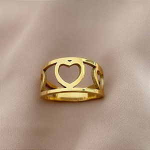 ANEL FILEIRA CORAÇÕES VAZADOS DOURADO AÇO 316L⭐️