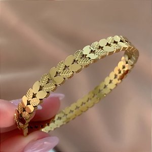 PULSEIRA / BRACELETE FOLHAS LISAS E TEXTURIZADAS DOURADO AÇO 316L⭐️