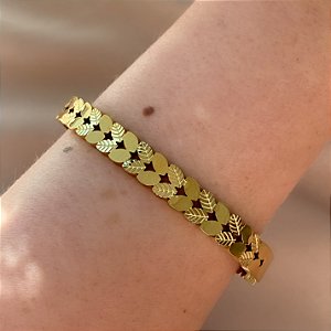 PULSEIRA / BRACELETE FOLHAS LISAS E TEXTURIZADAS DOURADO AÇO 316L⭐️