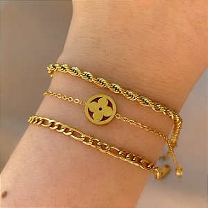 PULSEIRA KIT CORRENTES CLÁSSICAS TREVO LISO DOURADO AÇO 316L⭐️