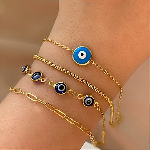 PULSEIRA KIT CORRENTES OLHO GREGO DOURADO AÇO 316L PREMIUM⭐️