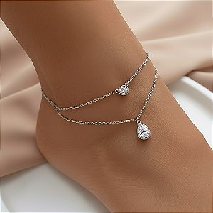 TORNOZELEIRA CORRENTE DUPLA DELICADA GOTA E BOLINHA ZIRCÔNIAS AÇO 316L⭐️