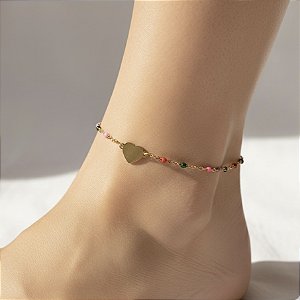 TORNOZELEIRA BOLINHAS COLORIDAS E CORAÇÃO LISO DOURADO AÇO 316L⭐️